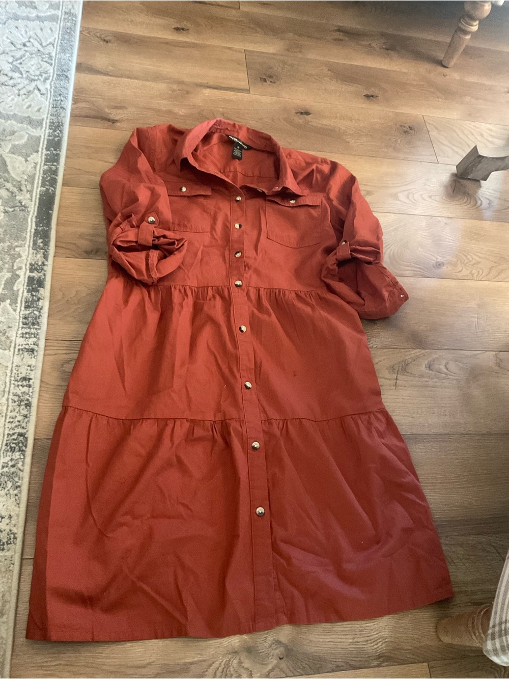 Button-Front Tiered Long Sleeve Dress in Rust